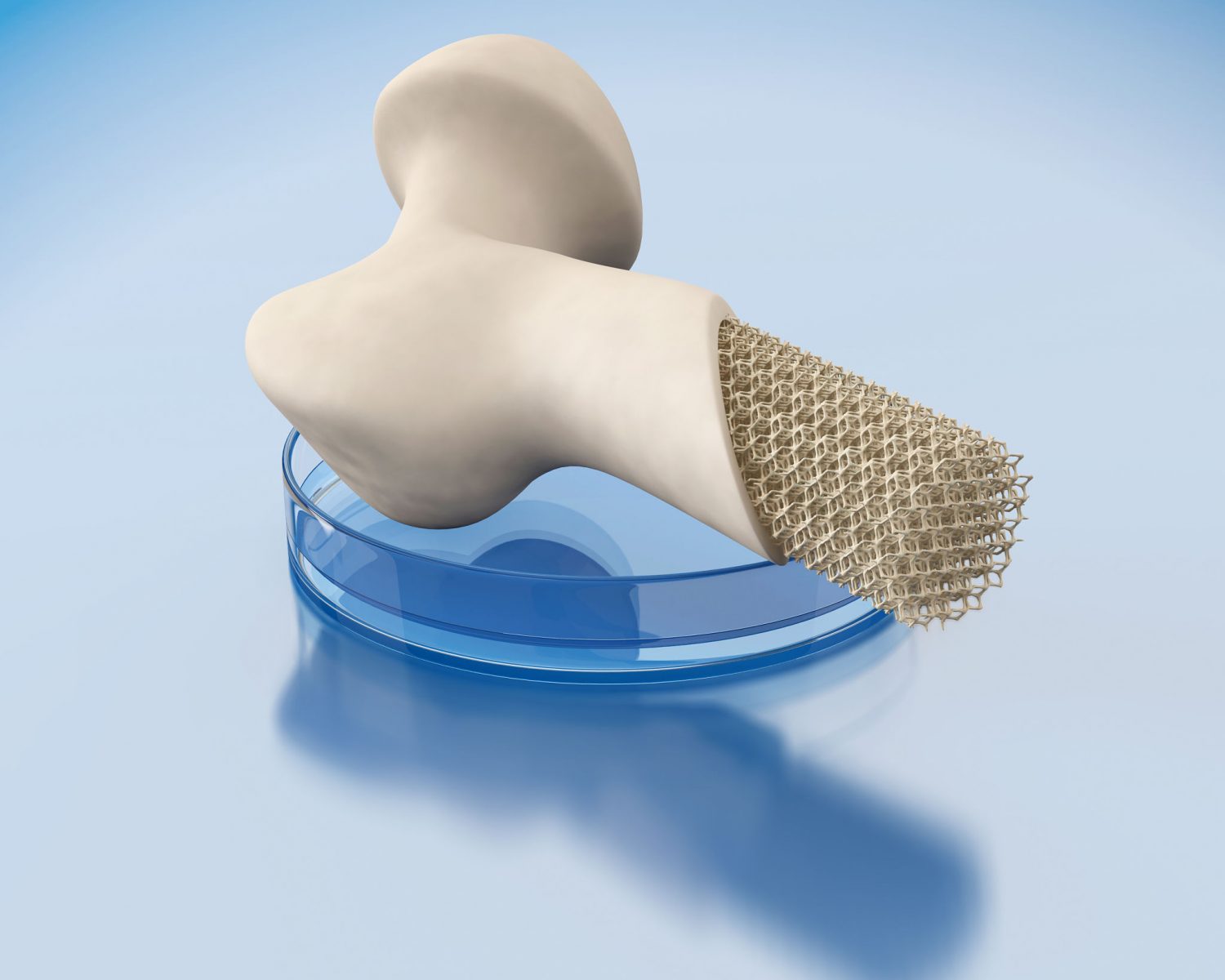 3d Concept of bioprinting of human bone. Part of the artificial tibia ready for transplantation to the patient. 3D illustration.